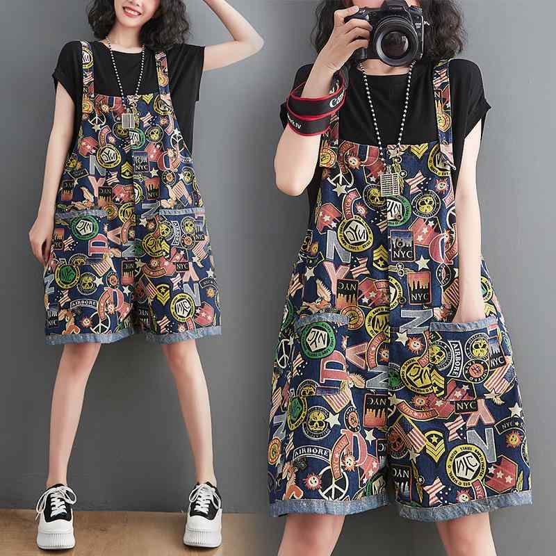 オーバーオール レディース デニム ショートパンツ サルエルパンツ ゆったり ルーズシルエット レトロ柄 ヴィンテージ柄 ダメージ加工 ブルー カジュアル リラックススタイル 普段使い