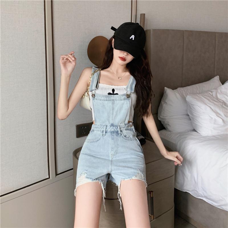 デニム サロペット レディース ダメージ加工 ハイウエスト ゆったり ルーズシルエット ワイドハーフパンツ 韓国ファッション カジュアル 夏 ボトムス 綿素材 ライトブルー ジーンズ