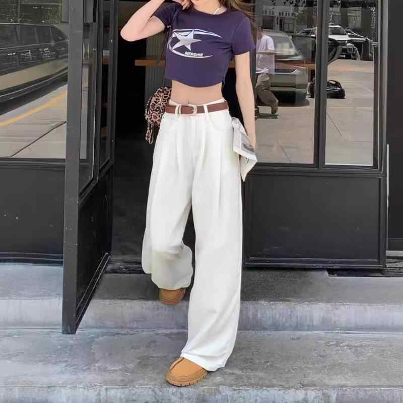 デニムパンツ レディース ゆったり ストレート 落ち感 ワイド フルレングス丈 ホワイト カジュアル リラックス ポリエステルブレンド 微ストレッチ イージーケア