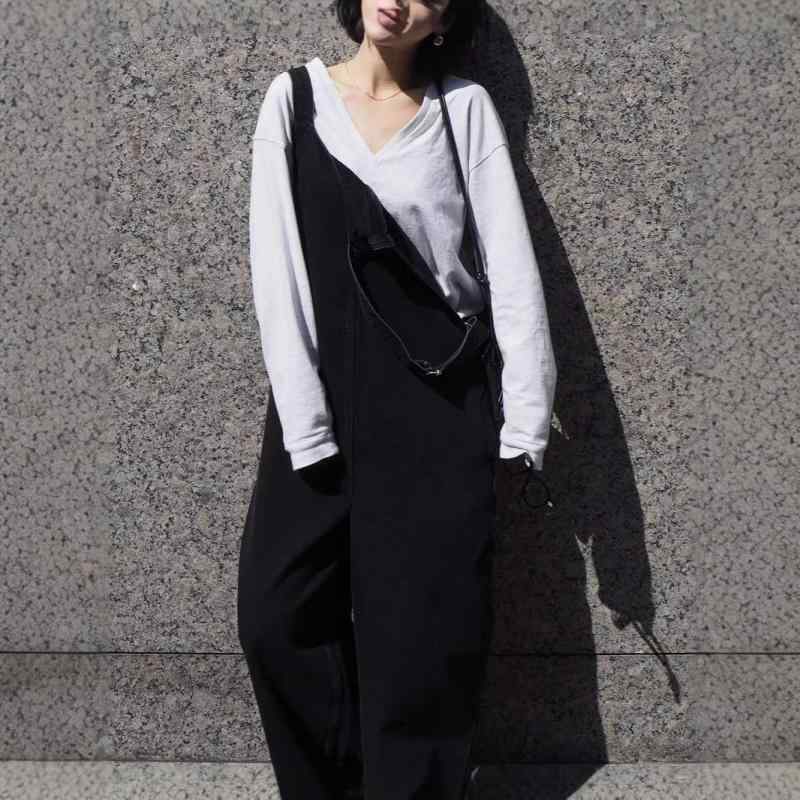 オーバーオール レディース デニム 綿 コットン ハイウエスト ストレート ロング丈 ノンストレッチ ゆったり リラックス 日系 スタイリッシュ モード感 カジュアル ホワイト ブラック