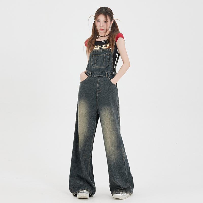 オーバーオール レディース デニム ワークカジュアル ストレート ワイドパンツ 低身長 小柄 ブラック ロングパンツ 綿 コットン ミドルウエスト 通勤 普段使い 春秋シーズン シティスタイル