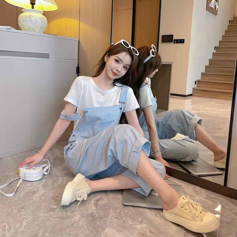 デニム オーバーオール レディース ブルー 低身長向け 小柄 おしゃれ 若見え カジュアル 普段使い リラックス ワイドパンツ ルーズフィット ロング丈 ストレッチ 薄手 快適 ポケット付き ピンク イエロー パープル