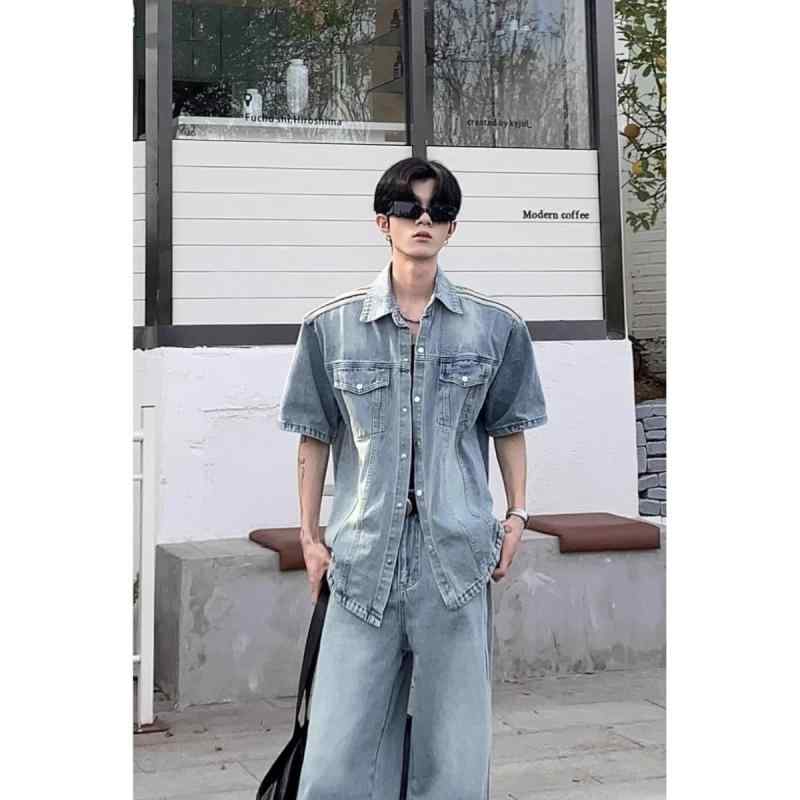 デニムシャツ メンズ アメリカンレトロ ヴィンテージ風 半袖 ウォッシュ加工 肩パッド入り 肩章デザイン オーバーサイズ コットンブレンド ブルー カジュアルアウター 普段使い ストリートスタイル 羽織り