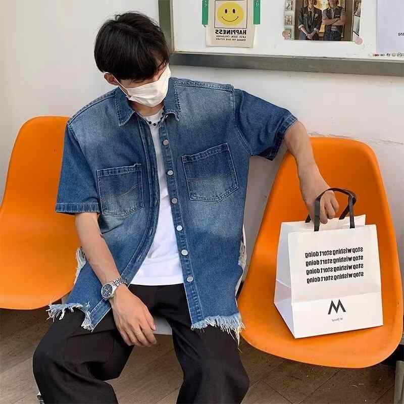 ワークシャツ メンズ ブルー デニム ポリエステル 肩パッド 高級感 薄手 透気性 洗濯機可 防シワ 半袖 ルーズシルエット アメリカンレトロ アメカジ カジュアル ストリート 羽織り シャツジャケット 春夏