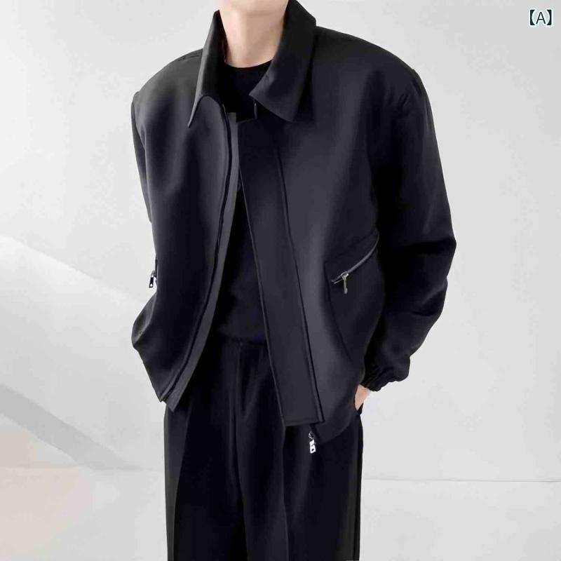 ジャケット メンズ ブラック 肩パッド入り ボクシー ショート丈 ワイド 襟付き きれいめカジュアル 高級感 ワイルド ストリート ルーズフィット ブルゾン 普段使い オールシーズン ポリエステル 綿混 耐摩耗性