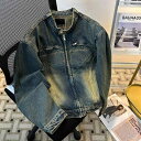 デニムジャケット メンズ コットンブレンド アメリカン ハイストリート 個性的 肩パッド入り 再構築デザイン ウォッシュ加工 ヴィンテージ レトロ ショート丈 ルーズフィット ブルゾン カジュアル ブラック ブルー