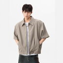 ジャケット メンズ 半袖 アメリカン ルーズシルエット 肩パッド入り ショート丈 高級感 きれいめカジュアル 男性用 アウター ポリエステル素材 耐久性 ラペルカラー ジップアップ 無地 普段使い 夏物 ブラック サンドベージュ