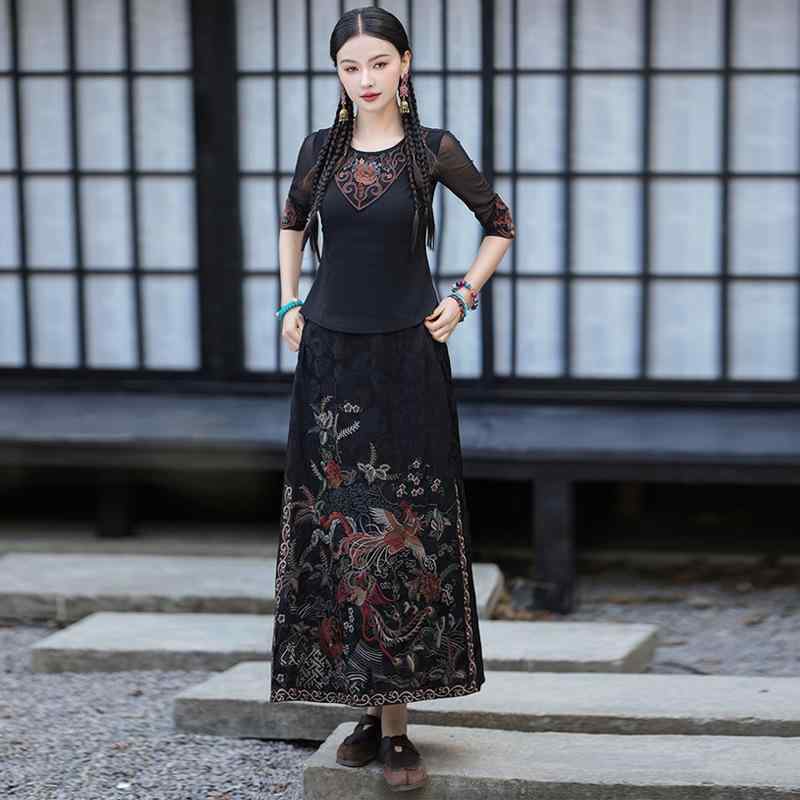 スカート レディース Aライン 民族風 レトロ調 織錦生地 重厚刺繡 ウエストゴム 着痩せ 体型カバー ミディ丈 ミモレ丈 上品 エレガント シルク混紡 リヨセル繊維 ブラック オリエンタルスタイル