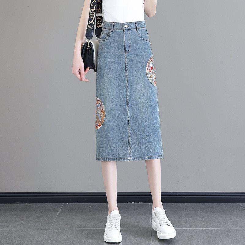 スカート レディース 中国風 刺繍 デニム タイトスカート ハイウエスト ミディ丈 ミモレ丈 パッチワーク 異素材ミックス ペンシルスカート 通勤 オフィス エレガント 微ストレッチ ポリエステル ブルー