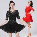 社交ダンス レディース 衣装 セットアップ ラテンダンス 練習着 競技着 ラインストーン スパンコール フリンジ トップス レース ミニスカート ポリエステル ...