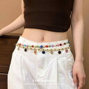 ウエストチェーン レディース ボヘミアン エスニック 手編み 編み込み 高級感 マルチカラー ビーズ 貝殻 ロング ウエストマーク ワンピース ドレス カジュア...