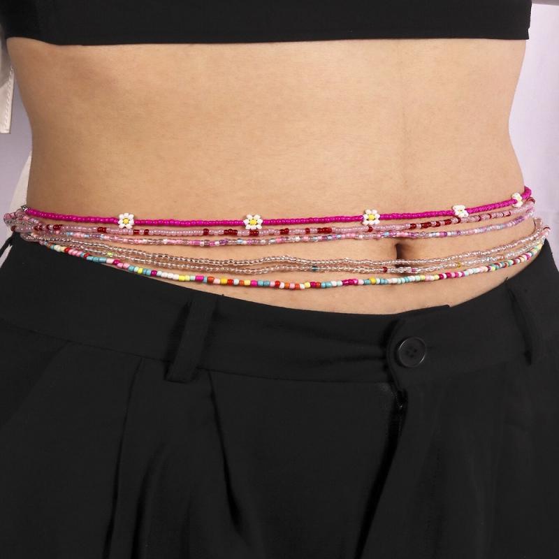 ウエストチェーン ユニセックス ピンク 3点セット ビーズフラワー ヒップホップ ボヘミアン スタイル 個性派 シンプル ファッション 金属製 オールシーズン ...