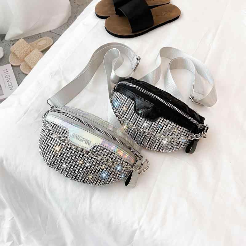 ウエストバッグ レディース 韓国風 個性的 チェーン キラキラ ラインストーン スパンコール PUレザー ソフト ファスナー スマホ収納 デイリーユース ワンショルダー 斜めがけ ボディバッグ ブラック シルバー