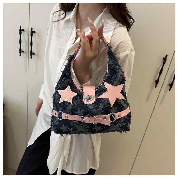 バッグ レディース デニム トートバッグ ショルダーバッグ クロスボディバッグ ストリート系 カジュアル ベルトバックルデザイン パッチワーク ステッチ 大容量 横型 スクエア型 デイリーユース ファスナー開閉 スマホポケット付き 2WAY