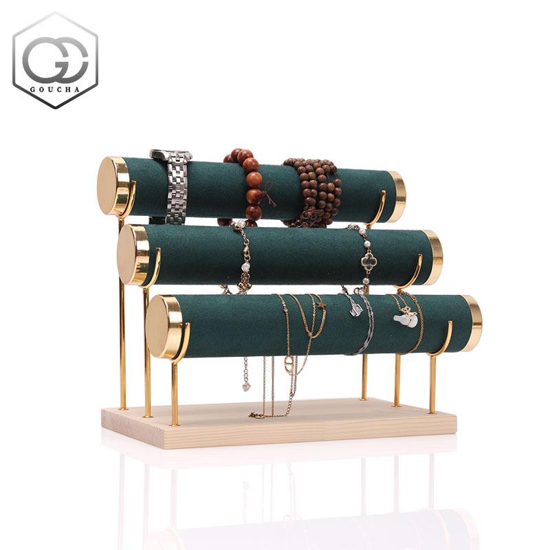 ディスプレイスタンド ブレスレット 腕時計 バングル ヘアアクセサリー 無垢材 天然木 ゴールドカラー ..