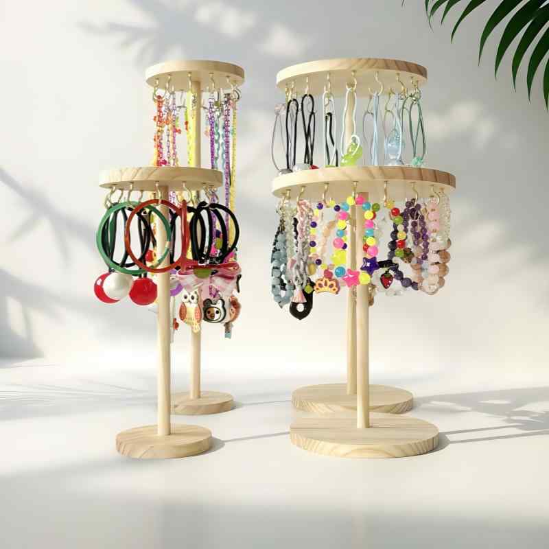 アクセサリー ディスプレイスタンド 無垢材 天然木製 円形 丸型 卓上 原木色 ブレスレット ネックレス ..