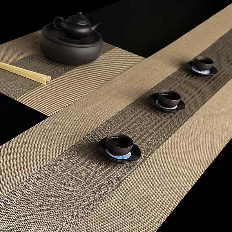 テーブルランナー 新中華風 禅風 モダン ダイニングテーブル ティーテーブル用 テーブルマット 防水 耐熱 PVC 高級感 ライトラグジュアリー 長方形 幾何学模様 茶席 来客用 リビング キッチン 和室 洋室 茶道 茶卓用 おしゃれ 雰囲気作り