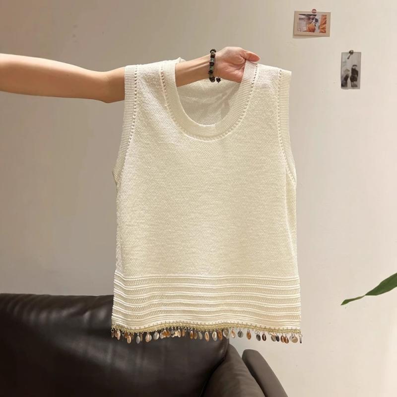 ニットベスト レディース 韓国風 フリンジ スパンコール デザイン ノースリーブ ゆったり リラックスフ..