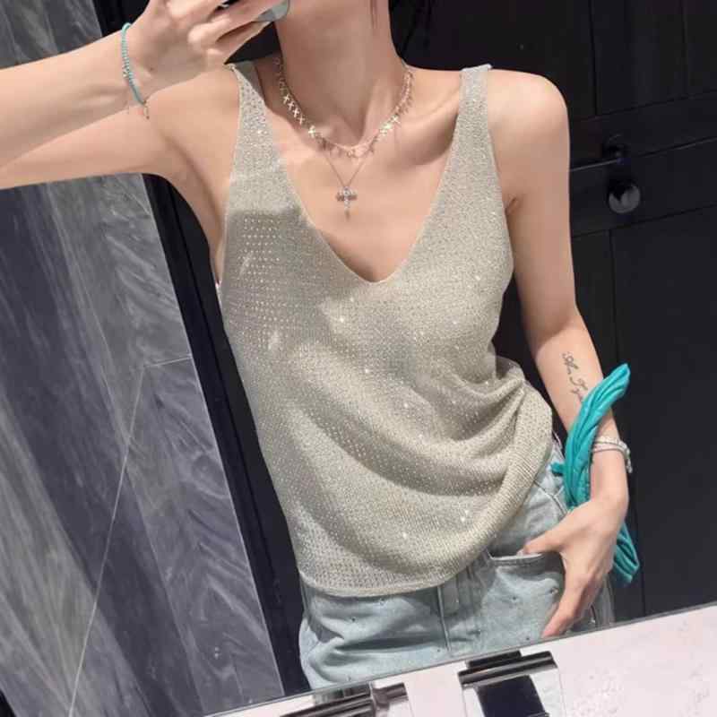 トップス レディース Vネック スパンコール ノースリーブ タンクトップ キャミソール セクシー 個性的 デザイン性 着回し 普段使い 上品 リネン風 スリムフィット