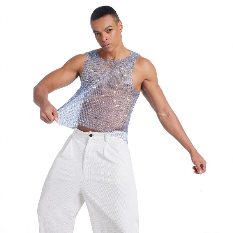 タンクトップ メンズ 男性用 伸縮性 ラインストーン メッシュ シアー パーティー ナイトクラブ イベン..