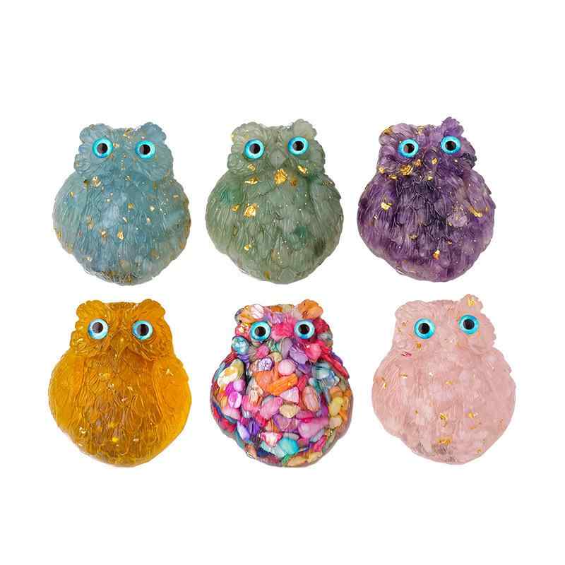 冷蔵庫マグネット フクロウ 天然水晶 パワーストーン レジン 砕石 置物 インテリア 飾り 癒し 縁起物 ..