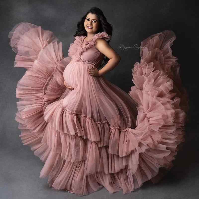 ドレス マタニティ ダスティピンク ロングトレーン チュールスカート フォーマル イブニングドレス フ..