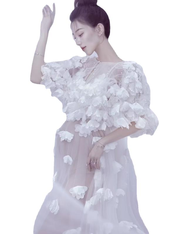 マタニティドレス マタニティフォト 衣装 妊婦写真撮影用 立体花 3Dフラワー チュール シアー素材 ホワ..