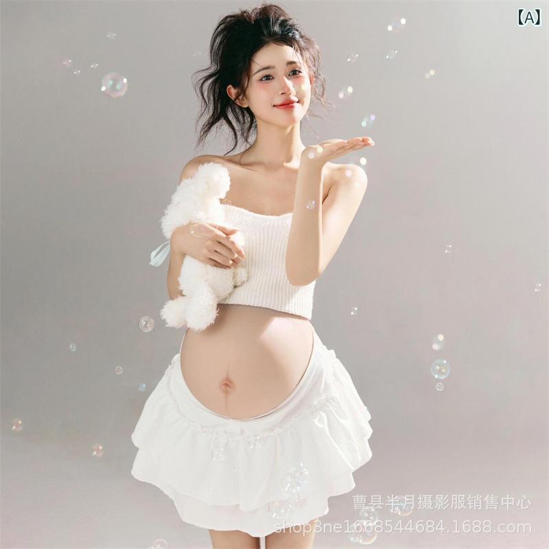 マタニティドレス 妊婦 マタニティフォト 撮影用 衣装 白 ホワイト リボン エレガント フェミニン かわ..