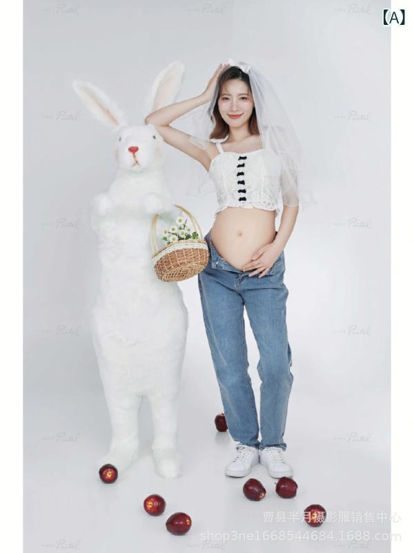 マタニティフォト 衣装 ナチュラルテイスト アート写真 記念撮影 スタジオ撮影 前撮り セルフフォト ノースリーブ トップス デニムパンツ セットアップ ポリエステル レース フェミニン