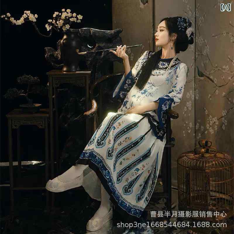 セットアップ マタニティ 妊婦 撮影 衣装 青花柄 中国風 レトロ クラシック 上品 エレガント ロング丈 ..