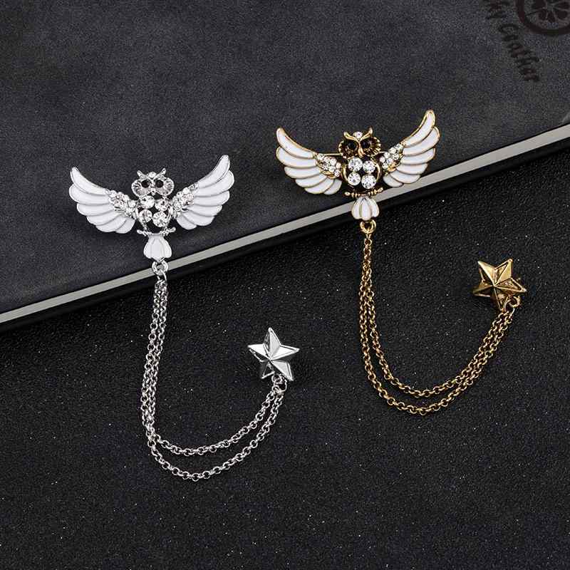 ブローチ 男女兼用 フクロウ 天使の羽 スターモチーフ ラインストーン装飾 合金製 チェーン付き ピンブローチ コート ジャケット スーツ シャツ ドレス 鞄 ...