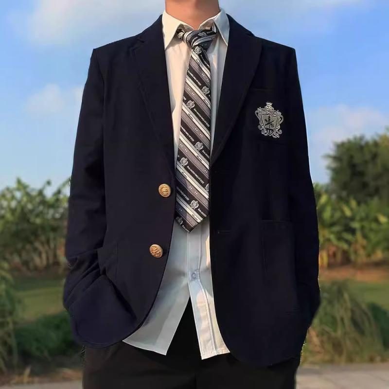 テーラードジャケット メンズ ブラック スクール風 無地 エンブレム付き ゆったり 長袖 一つボタン ポリエステル イージーケア カジュアル デイリーユース