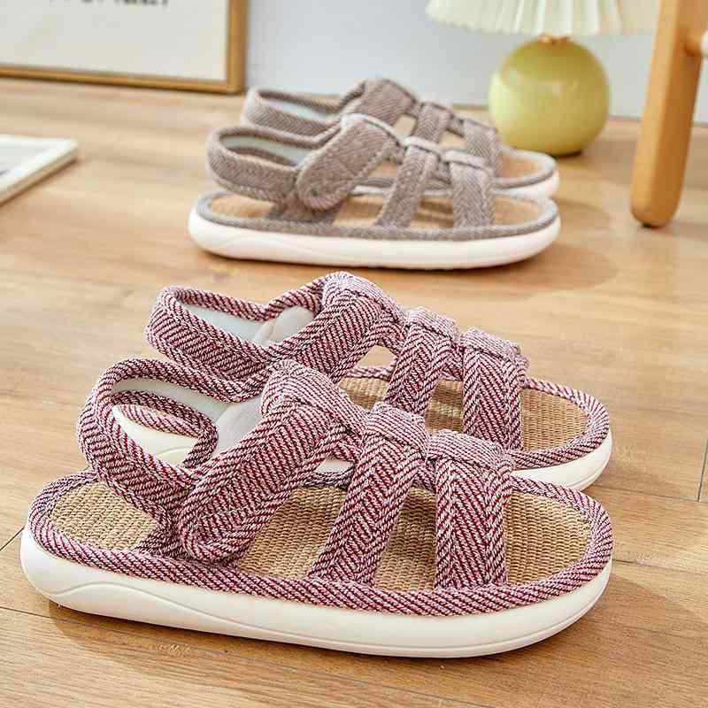 ルームシューズ 男女兼用 ユニセックス 中高年向け 夏用 かかと付き 綿麻 リネン素材 マジックテープ ..