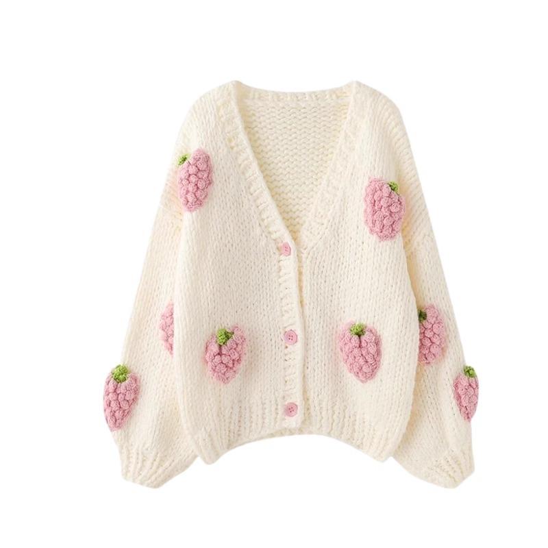 ニットカーディガン レディース 秋冬 ゆったり オーバーサイズ 白地 立体 ピンクいちご 手編み 長袖 Vネック アクリルポリエステル素材 ふわふわ 中厚手 着回し 通勤 オフィス カジュアル フェミニン トップス