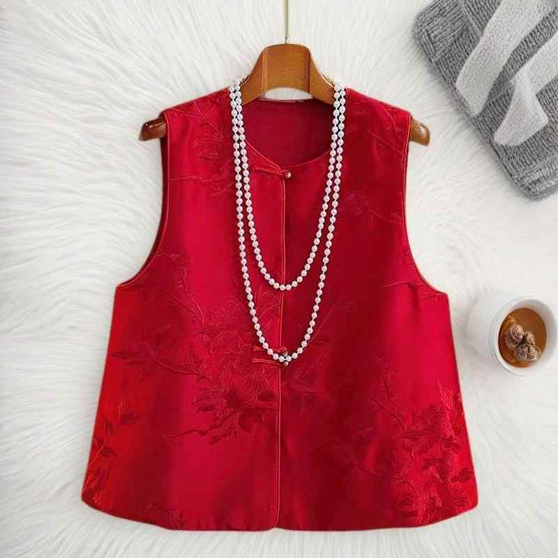 トップス レディース レッド 赤 新中華風 チャイナモダン ベスト ジレ 秋 小柄 Sサイズ ショート丈 短め レトロ アンティーク調 刺繍 軽やか中華風 ライトチャイニーズスタイル 飾りボタン チャイナボタン 普段使い お出かけ ポリエステル