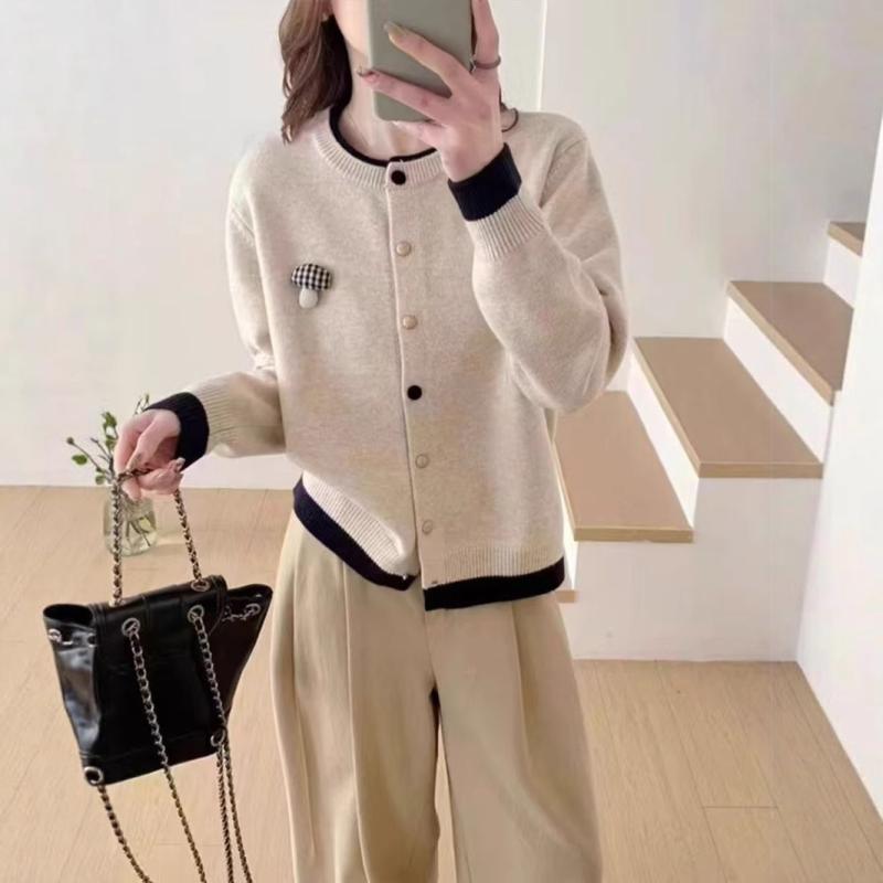 ニットカーディガン レディース 立体花柄 デザイン 配色 丸首 長袖 ウール混 ポリエステル ゆったり 中厚手 レギュラー丈 大人かわいい フェミニン きれいめ 普段使い