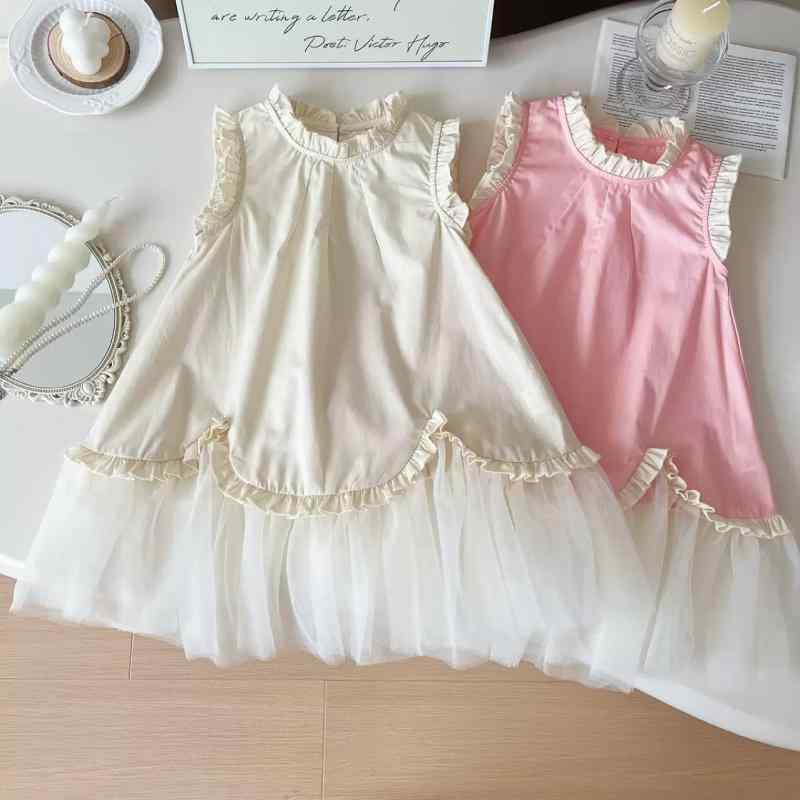 ワンピース キッズ 女の子 韓国風 かわいい レース フリル ノースリーブ チュール 上品 プリンセスドレ..