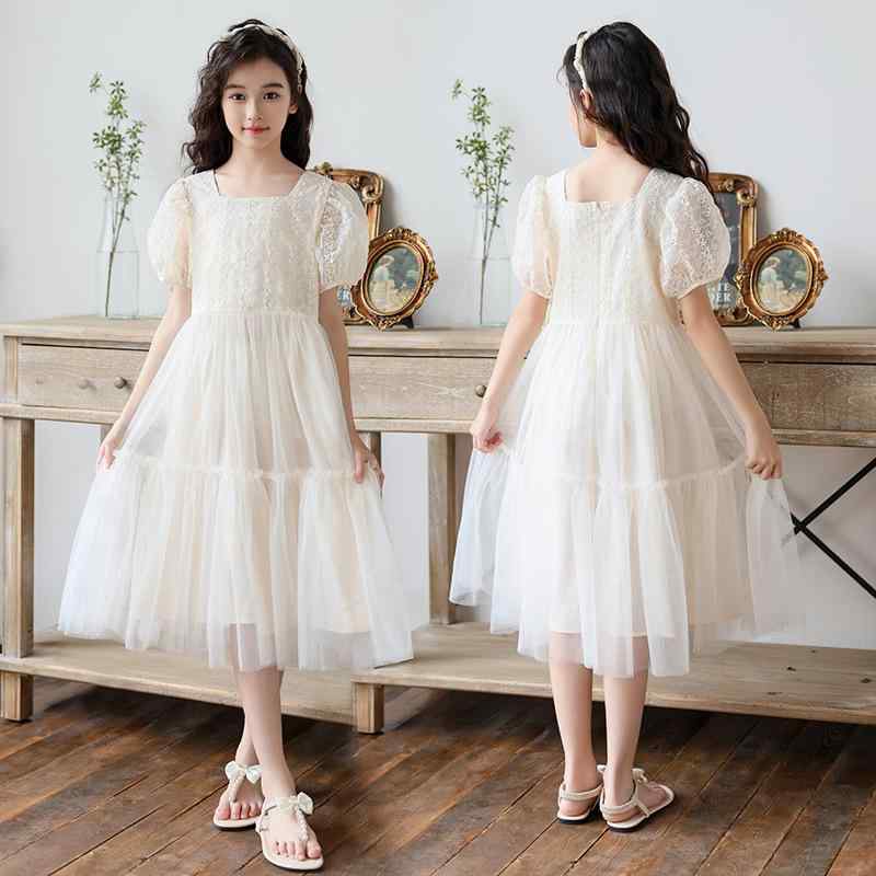 ワンピース 女の子 ジュニア チュール レース プリンセスドレス Aライン ポリエステル コットン メッシ..