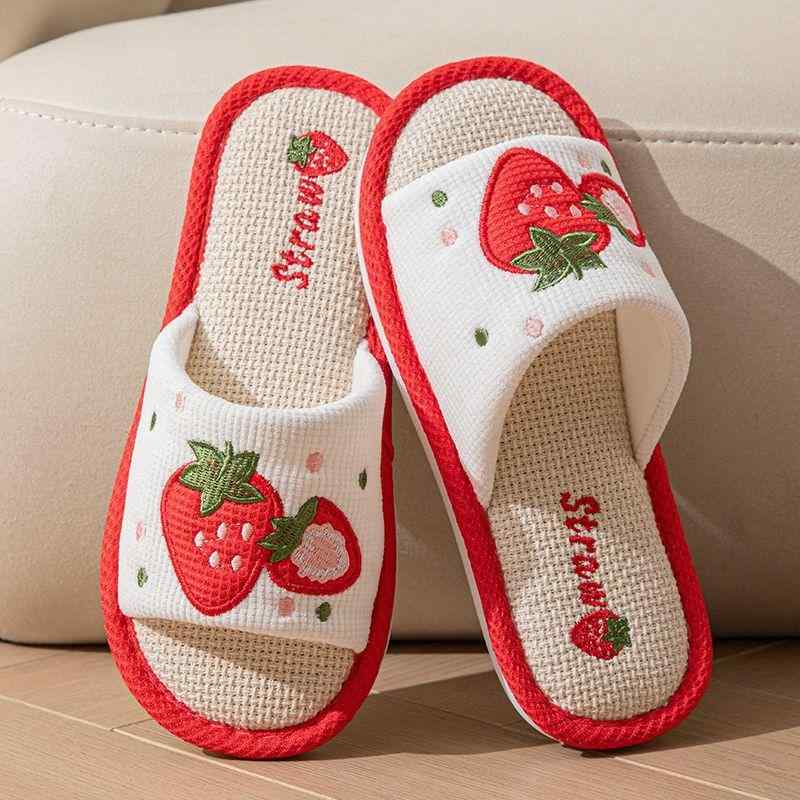 スリッパ レディース 麻 亜麻 ルームシューズ 室内履き 静音 防滑 吸湿速乾 抗菌防臭 オープントゥ つま先開き 外履き ベランダ履き サンダル カップル ペア ストロベリーレッド アボカドグリーン