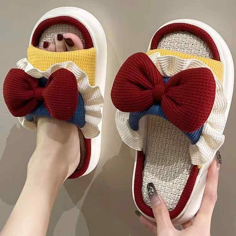 サンダル レディース かわいい リボン 厚底 ルームシューズ リネン 麻素材 滑り止め 軽量 オープントゥ..