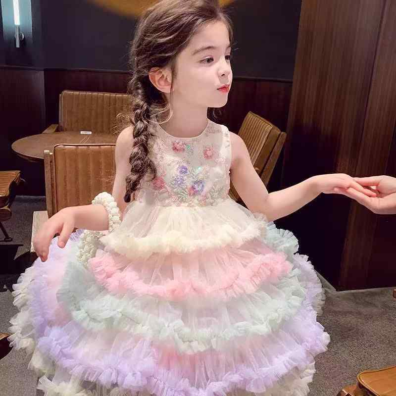 ワンピース 女の子 ノースリーブ ドレス 夏服 子供用 レインボーカラー ふんわり チュール プリンセスドレス ボリューム ティアードスカート ポリエステル 綿裏地 お出かけ かわいい 発表会
