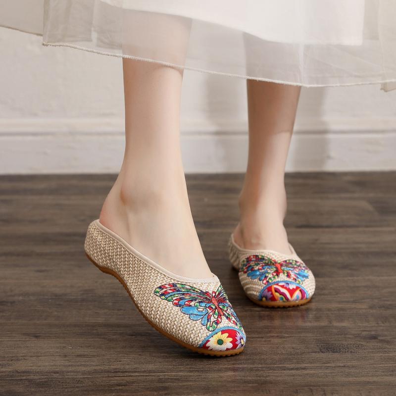 スリッパ レディース ルームシューズ 室内履き つま先カバー トゥカバー 麻 リネン 布製 エスニック 民..