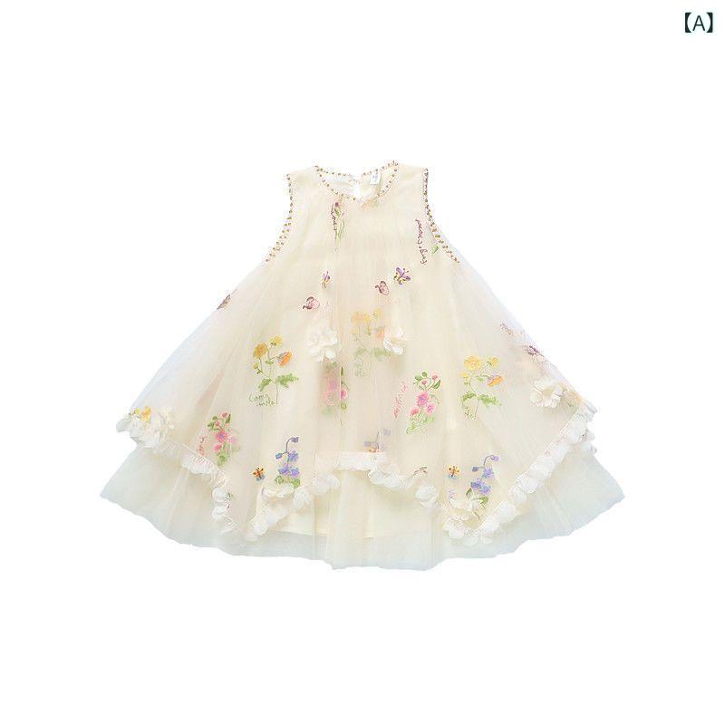 ワンピース 女の子 キッズ ドレス プリンセス お姫様 チュール メッシュ キャミワンピース ノースリーブ 夏服 おしゃれ かわいい 立体フラワー 花飾り Aライン ふんわり 透け感 カジュアル お出かけ 旅行 普段使い 結婚式 発表会 ガールズ 子供服