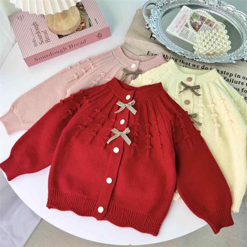 キッズ 女の子 ニットカーディガン リボン付き かわいい おしゃれ ラウンドネック 長袖 シングルブレス..