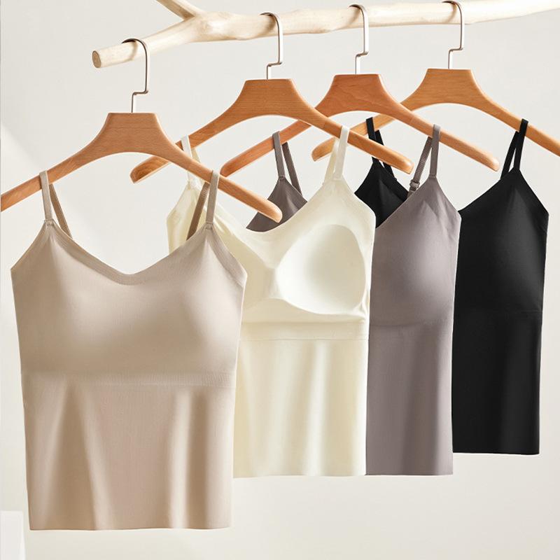 キャミソール レディース 日系 シンプル ノンワイヤー カップ付き シームレス 無地 接触冷感 ロング丈 インナー ナイロン素材 通気性 ..