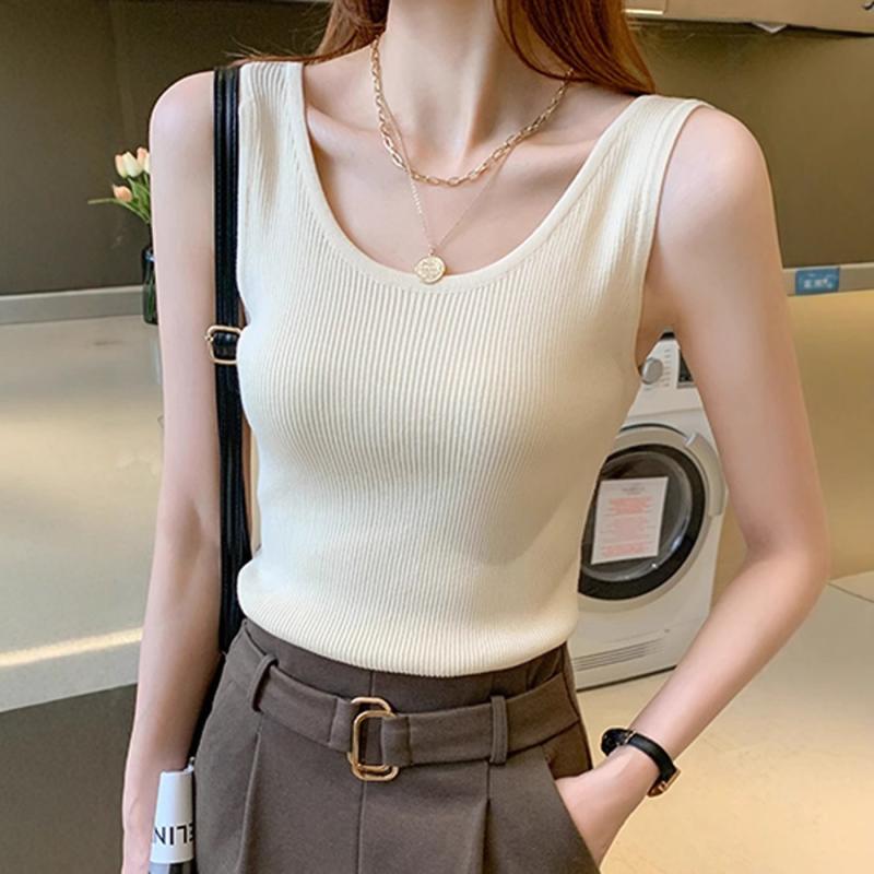 タンクトップ レディース 女性用 Uネック ノースリーブ ニットトップス 接触冷感 ひんやり 伸縮性 スリ..