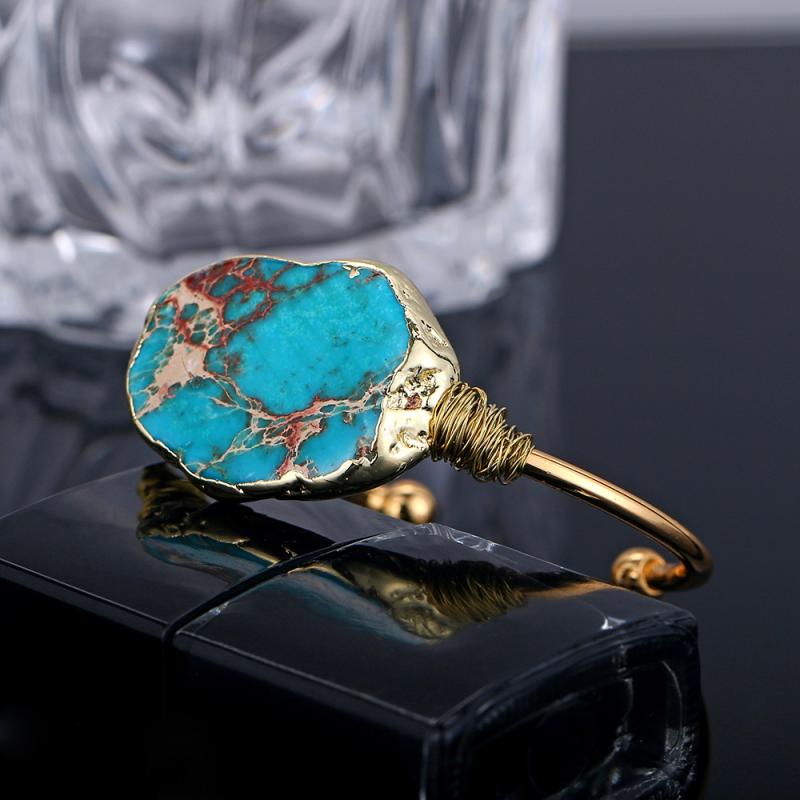 ブレスレット レディース サイズ調整可能 開口 天然石 インペリアルジャスパー ハンドメイド ワイヤー マルチカラー 不規則デザイン 欧米風 ボヘミアン グリー...