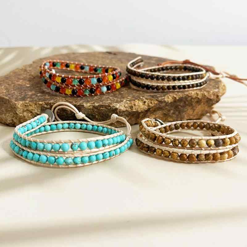 ブレスレット 男女兼用 ペア ボヘミアン スタイル レトロ エスニック 天然石 タイガーアイ 寿山石 図画石 蘭松 カラフル水晶 レザーコード 革紐 編み込み ...