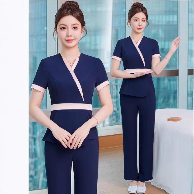 制服 レディース 女性用 美容師 エステティシャン セラピスト スパ サロン ユニフォーム ワークウェア セットアップ 上下セット ポリエステル素材 イージーケア 高級感 エレガント 上品 気品ある