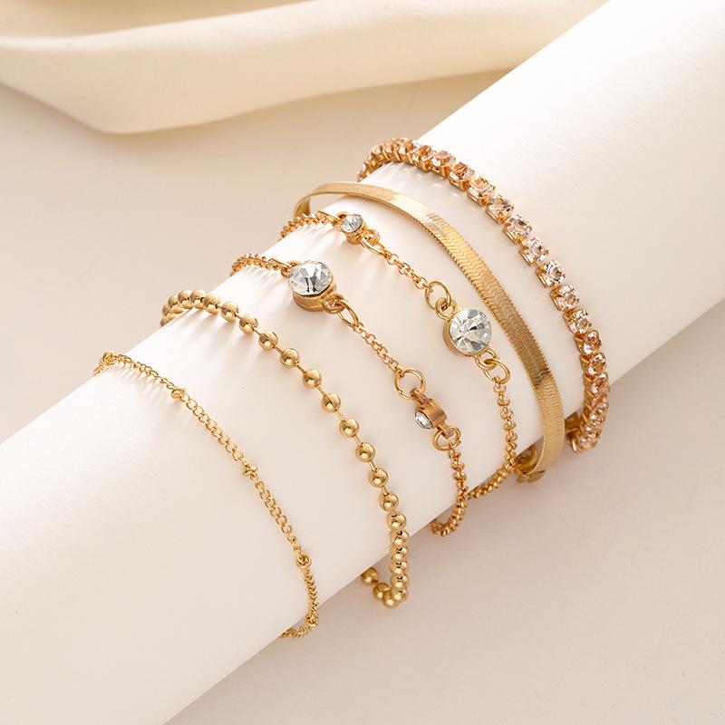 ブレスレット レディース 欧米 ボヘミアン ミニマリスト シンプル メタルチェーン 多連 5連セット 重ね付け風 合金製 ゴールドカラー 幾何学モチーフ 華奢 ...